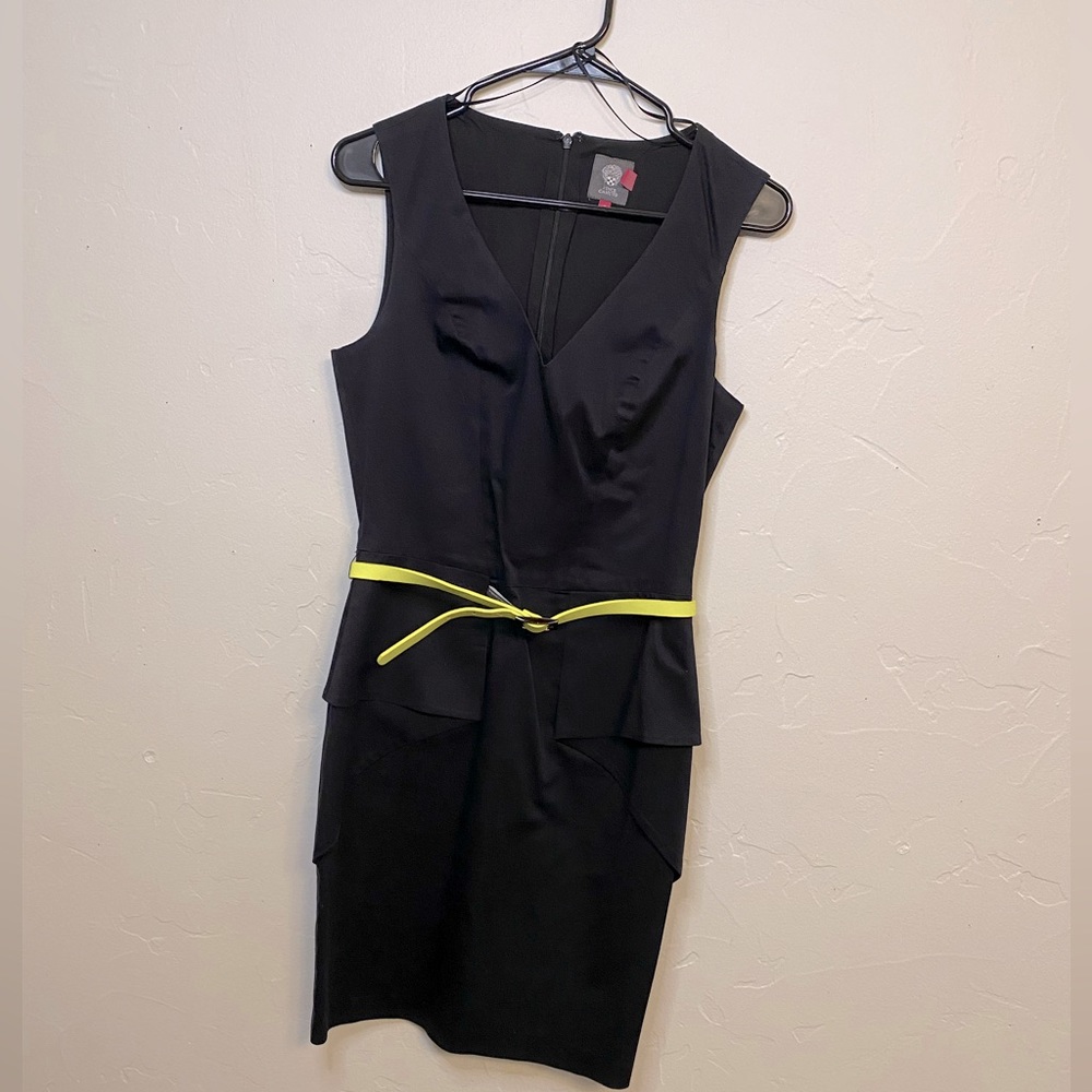 Vince Camuto black sleeveless belted peplum dress in size 6